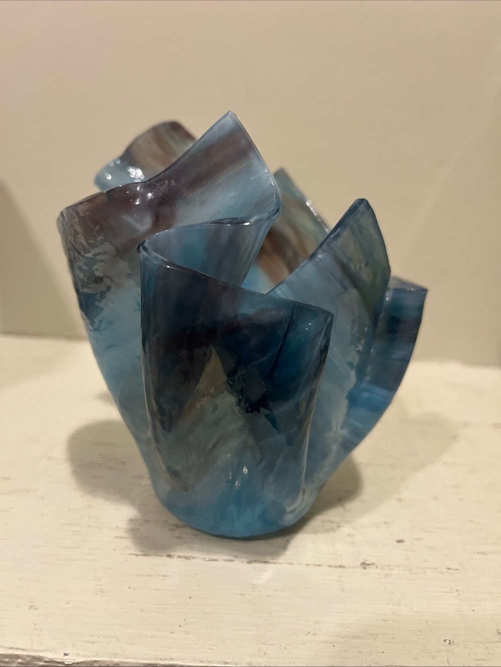 Blue Handmade Handkerchief Art Glass Vase Candle Holder 5.5”